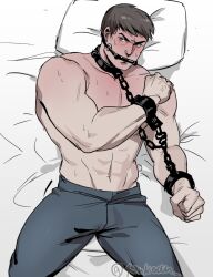 Rule 34 | 1boy, 42nkooon, abs, bara, bed, blush, bound, bound wrists, brown hair, chain, gagged, garen (league of legends), grey pants, large pectorals, league of legends, lying, male focus, muscular, muscular male, navel, on back, on bed, pants, pectorals, pillow, restrained, short hair, solo, topless male, twitter username