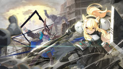 Rule 34 | 2girls, 2others, absurdres, amiya (arknights), animal ear fluff, animal ears, arknights, armor, battle, black hairband, black jacket, blue eyes, broken, broken wall, brown eyes, brown hair, building, closed eyes, closed mouth, cloud, cloudy sky, crack, cracked wall, glaive (polearm), hair between eyes, hairband, highres, holding, holding weapon, jacket, jewelry, lens flare, long hair, multiple girls, multiple others, nearl (arknights), open mouth, outdoors, pauldrons, polearm, ponytail, ring, rubble, ruins, scratches, shield, shoulder armor, sky, smoke, standing, teeth, torn clothes, upper body, utility pole, vial, weapon, yunar, zipper, zipper pull tab