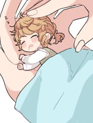 Rule 34 | 1boy, blanket, brown hair, chibi, closed eyes, collared shirt, drooling, hand on another&#039;s head, headpat, in palm, long sleeves, lying, mikage kojirou, mini person, miniboy, on side, out of frame, ponytail, shirt, short hair, sidelocks, simple background, sleeping, solo focus, tokimeki memorial, tokimeki memorial girl&#039;s side 4th heart, under covers, vest, white background, white shirt, yukijiro, zzz