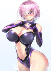 Rule 34 | 1girl, bare shoulders, blush, breasts, cleavage, cleavage cutout, closed mouth, clothing cutout, collar, curvy, elbow gloves, fate/grand order, fate (series), gloves, gradient background, hair over one eye, heart, heart hands, highleg, highleg leotard, kumakichi (cost-lost), large breasts, leotard, light purple hair, looking at viewer, mash kyrielight, metal collar, navel, navel cutout, purple eyes, purple gloves, purple leotard, short hair, smile, solo, wide hips