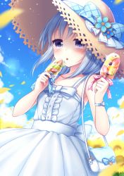 Rule 34 | 1girl, bag, blue bow, blue hair, blurry, bow, chunithm, cloud, collarbone, day, depth of field, dress, dual wielding, flower, food, fruit, grapes, handbag, hat, holding, holding food, kiwi (fruit), kiwi slice, kobotoke nagi, outdoors, petals, pink bow, popsicle, purple eyes, sanotsuki, sky, solo, sparkle, straw hat, strawberry, sundress, sunflower, tongue, tongue out, watch, white dress, wristwatch