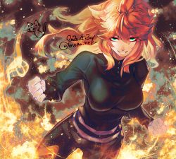 Rule 34 | 1girl, black clover, black pants, black shirt, breasts, clenched hands, dated, fire, green eyes, large breasts, long sleeves, looking at viewer, mereoleona vermillion, moxa neko, orange hair, pants, shirt, smile, solo, twitter username