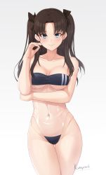Rule 34 | 1girl, absurdres, artist name, blue eyes, blush, breasts, brown hair, casual one-piece swimsuit, collarbone, commentary, commission, cowboy shot, crossed legs, english commentary, fate/stay night, fate (series), gluteal fold, gris swimsuit, groin, hair intakes, hand up, highleg, highleg swimsuit, highres, hip bones, kuroyamii, looking at viewer, meme attire, navel, one-piece swimsuit, parted bangs, see-through, see-through swimsuit, signature, simple background, smile, solo, standing, strapless, strapless one-piece swimsuit, swimsuit, thigh gap, tohsaka rin, twintails, underboob