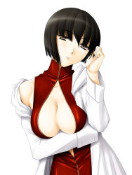 Rule 34 | 1girl, adjusting hair, bad id, bad pixiv id, bare shoulders, black hair, blunt bangs, breast hold, breasts, brown eyes, center opening, chinese clothes, cleavage, lab coat, large breasts, off shoulder, open clothes, original, short hair, solo, takaoka aoi