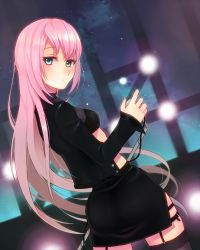 Rule 34 | 1girl, aqua eyes, bad id, bad pixiv id, garter straps, long hair, looking at viewer, looking back, megurine luka, microphone, pink hair, project diva (series), project diva 2nd, skirt, solo, steak20, thighhighs, vocaloid, zettai ryouiki