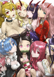 Rule 34 | 6+girls, ahoge, albedo (overlord), bamboo, bare shoulders, bit gag, biting, black collar, blonde hair, blue eyes, blue hair, blunt bangs, blush, bowsette, bracelet, breasts, cleavage, collar, collarbone, commentary, crossover, crown, darling in the franxx, detached sleeves, dress, ear biting, earrings, elfen lied, fangs, fate/grand order, fate (series), frills, gag, hair between eyes, hair ornament, hair over one eye, half-closed eye, haraya manawari, horns, ibaraki douji (fate), japanese clothes, jewelry, kamado nezuko, kimetsu no yaiba, kimono, large breasts, licking, licking another&#039;s neck, long hair, looking at viewer, lucy (elfen lied), maid, maid headdress, medium breasts, multiple crossover, multiple girls, one eye closed, oni, open mouth, overlord (maruyama), parted lips, pink eyes, pink hair, pointy ears, ponytail, purple hair, ram (re:zero), re:zero kara hajimeru isekai seikatsu, red eyes, rem (re:zero), ribbon, sharp teeth, short hair, shuten douji (fate), sideboob, single horn, spiked bracelet, spiked collar, spikes, spoilers, super crown, tattoo, teeth, tongue, tongue out, trait connection, wide sleeves, x hair ornament, yellow eyes, zero two (darling in the franxx)