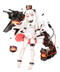 Rule 34 | 10s, 1girl, :o, abyssal ship, ahoge, barefoot, black panties, blush, colored skin, dress, highres, horns, kantai collection, long hair, looking at viewer, machinery, mittens, northern ocean princess, panties, red eyes, side-tie panties, simple background, solo, turret, underwear, unname, white background, white dress, white hair, white skin