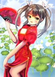 Rule 34 | 1girl, blue sky, breasts, china dress, chinese clothes, cleavage, cleavage cutout, clothing cutout, cloud, commentary request, day, dress, flower, folding fan, green eyes, grey hair, hand fan, kantai collection, lily (flower), lily pad, long hair, looking at viewer, medium breasts, outdoors, red dress, side slit, sky, solo, twintails, water, ynos, zuikaku (kancolle)