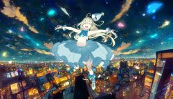 Rule 34 | ai-assisted, blonde hair, boots, city, closed eyes, cloud, flying, hair ornament, hat, highres, kobayashi gen, long hair, navel, night, night sky, open arms, open mouth, skirt, sky, wrist cuffs