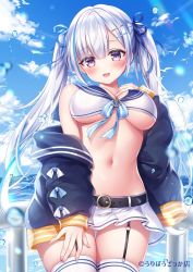 Rule 34 | 1girl, bare shoulders, belt, blue jacket, breasts, bubble, cloud, cowboy shot, crop top, day, front-tie top, garter straps, hair ornament, hair ribbon, hairclip, hand up, jacket, large breasts, long hair, long sleeves, looking at viewer, microskirt, midriff, miniskirt, mitsuba choco, multicolored hair, navel, off shoulder, open clothes, open jacket, open mouth, original, outdoors, pleated skirt, purple eyes, ribbon, sailor bikini, sailor collar, shirt, sidelocks, skirt, sleeveless, sleeveless shirt, smile, solo, stomach, streaked hair, thigh gap, thighhighs, twintails, underboob, water, white hair, white shirt, white skirt, white thighhighs, zettai ryouiki