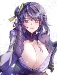 Rule 34 | 1girl, armor, blush, breasts, bridal gauntlets, cleavage, closed mouth, commentary request, flower, genshin impact, hair flower, hair ornament, highres, japanese clothes, kimono, large breasts, long hair, looking at viewer, mole, mole under eye, pukku, purple eyes, purple flower, purple hair, raiden shogun, ribbon, shoulder armor, simple background, solo, white background