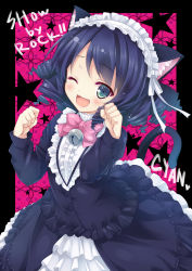 Rule 34 | 10s, 1girl, animal ears, bell, black dress, black hair, bow, cat ears, cat tail, character name, cyan (show by rock!!), dress, drill hair, fangs, grey eyes, hairband, highres, lolita fashion, lolita hairband, one eye closed, open mouth, paw pose, ryo (botugo), show by rock!!, smile, solo, star (symbol), tail
