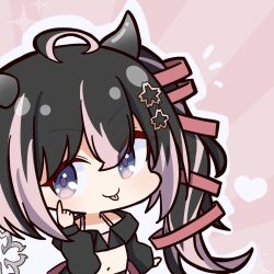 Rule 34 | 1girl, ahoge, akanbe, black hair, black jacket, blue eyes, bra, chibi, closed mouth, commentary request, cropped jacket, demon girl, demon horns, eyelid pull, finger to eye, flat chest, flower, grey horns, hair between eyes, hair flower, hair ornament, hair ribbon, heart, highres, horns, jacket, long hair, long sleeves, looking at viewer, mariooo, medium bangs, midriff, multicolored hair, nanashi inc., navel, notice lines, oinomori may, oinomori may (1st costume), one side up, outline, pink background, pink bra, pink hair, pink ribbon, ribbon, smile, solo, tongue, tongue out, two-tone hair, underwear, upper body, virtual youtuber, white outline