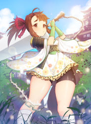 Rule 34 | 1girl, bandages, bandaged leg, brown eyes, brown hair, chain, holding, holding sword, holding weapon, looking at viewer, original, ponytail, revision, short hair, solo, sword, tp (kido 94), weapon