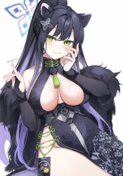 Rule 34 | 1girl, absurdres, animal ears, bare shoulders, black dress, black hair, blue archive, blush, breasts, bridal gauntlets, cleavage, closed mouth, dress, feather boa, floral print, green eyes, hair ornament, halo, hands up, highres, large breasts, laudayon, long hair, ponytail, shun (blue archive), smile, solo, thighs