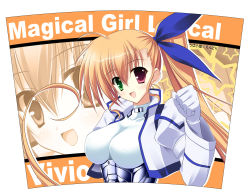 Rule 34 | 00s, blonde hair, blush, bodysuit, breasts, gloves, hair ribbon, heterochromia, highres, jacket, large breasts, long hair, lyrical nanoha, mahou shoujo lyrical nanoha, mahou shoujo lyrical nanoha strikers, aged up, open mouth, ribbon, side ponytail, smile, solo, uiko, vivio, zoom layer