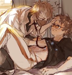 Rule 34 | 2boys, brown hair, clothes lift, coat, doctor (granblue fantasy), gloves, gran (granblue fantasy), granblue fantasy, highres, lab coat, looking at another, male focus, mask, mouth mask, multiple boys, shirt, shirt lift, snowflakes, soysae, stethoscope