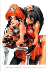 Rule 34 | 2girls, :d, arc system works, arched back, arm support, armor, bare shoulders, belt, black hair, black legwear, breast press, breasts, brown eyes, brown hair, can, china dress, chinese clothes, dress, fingerless gloves, gloves, grin, groin, guilty gear, guilty gear x, guilty gear xx, hair between eyes, hair ornament, halterneck, hand on shoulder, happy, hat, head tilt, ishiwatari daisuke, kuradoberi jam, large breasts, leaning forward, long hair, may (guilty gear), multiple girls, no panties, official art, one eye closed, open mouth, pantyhose, pirate, pirate hat, railing, red eyes, scan, short dress, side slit, simple background, skull and crossbones, smile, standing, strap slip, swept bangs, traditional media, turtleneck, very long hair, white background, wince, wink