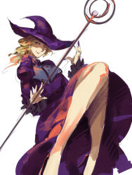 Rule 34 | 1girl, blonde hair, closed mouth, dress, hat, high heels, highres, holding, juliet sleeves, long sleeves, original, puffy sleeves, purple dress, purple eyes, purple hat, ruukii drift, simple background, smile, solo, staff, white background