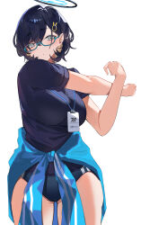 Rule 34 | 1girl, absurdres, black hair, black shirt, blue-framed eyewear, blue archive, blue buruma, blush, breasts, buruma, chihiro (blue archive), closed mouth, cowboy shot, cross-body stretch, glasses, green eyes, hair ornament, halo, highres, id card, lanyard, large breasts, looking at viewer, shiro marimo, shirt, short hair, short sleeves, simple background, solo, white background