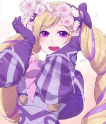 1girl :d ataka_takeru blonde_hair capelet elise_(fire_emblem) female_focus fire_emblem fire_emblem_fates flower gloves hair_flower hair_ornament head_wreath long_hair looking_at_viewer multicolored_hair nintendo open_mouth pink_neckwear purple_capelet purple_eyes purple_gloves purple_hair smile solo swept_bangs two-tone_hair upper_body very_long_hair white_flower