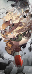 Rule 34 | 1girl, :&gt;, absurdres, animal ear headwear, aviator cap, black footwear, blonde hair, blue eyes, boots, breasts, brown headwear, brown jacket, brown shorts, camisole, cleavage, fake animal ears, full body, goggles, goggles on headwear, green camisole, grey background, highres, jacket, knee boots, large breasts, lilya (reverse:1999), long hair, looking at viewer, mask, mask around neck, missile, oxygen mask, reverse:1999, shorts, solo, weibo logo, weibo watermark, yushe quetzalli