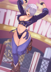 Rule 34 | 1girl, angel (kof), blue eyes, breasts, cleavage, fingerless gloves, gloves, hair over one eye, highres, large breasts, midriff, navel, revealing clothes, snk, the king of fighters, white hair