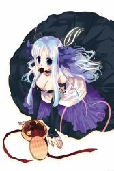 Rule 34 | 1girl, bare shoulders, blue hair, blush, breasts, chocolate, choker, curly hair, dress, elbow gloves, female focus, gloves, gwendolyn (odin sphere), head wings, heart, jewelry, long hair, non-web source, odin sphere, ribbon, simple background, solo, strapless, strapless dress, wings