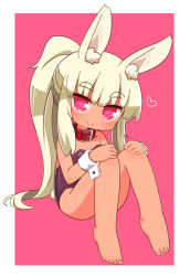 Rule 34 | 1girl, animal ear fluff, animal ears, bare legs, bare shoulders, barefoot, blonde hair, blunt bangs, blush, closed mouth, collar, collarbone, commentary request, etrian odyssey, fake animal ears, feet, full body, heart, heart-shaped pupils, high ponytail, highres, knees up, leotard, long hair, masurao (sekaiju), naga u, playboy bunny, ponytail, purple leotard, rabbit ears, rabbit tail, red background, red collar, red eyes, sekaiju no meikyuu, sekaiju no meikyuu 5, sitting, smile, solo, strapless, strapless leotard, symbol-shaped pupils, tail, thick eyebrows, toes, two-tone background, very long hair, white background, wrist cuffs