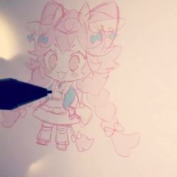Rule 34 | 1girl, animated, blush, bow, chibi, clenched teeth, drawing, drawing tablet, dress, hair bow, long hair, open mouth, painting (action), pencil, pink hair, screen, standing, teeth, twintails, uekura eku, very long hair, video