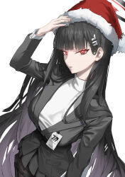 Rule 34 | 1girl, absurdres, black hair, black jacket, black pantyhose, black skirt, blazer, blue archive, blunt bangs, breasts, bright pupils, fur-trimmed headwear, fur trim, halo, hand on headwear, hat, highres, holster, id card, jacket, large breasts, long hair, long sleeves, looking at viewer, miniskirt, narrow waist, pantyhose, pleated skirt, red eyes, red hat, rio (blue archive), s.jeti, santa hat, simple background, skirt, solo, straight hair, sweater, thigh holster, very long hair, white background, white pupils, white sweater