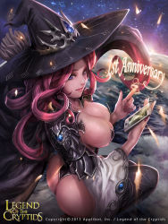 Rule 34 | 1girl, artist name, artist request, ass, blue eyes, breasts, broom, broom riding, cape, cellphone, cleavage, dated, hat, large breasts, legend of the cryptids, long sleeves, looking at viewer, looking back, looking up, phone, red hair, sitting, smartphone, solo, thighhighs, witch hat