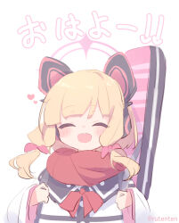 Rule 34 | 1girl, animal ear headphones, animal ears, blonde hair, blue archive, bow, closed eyes, facing viewer, fake animal ears, hair bow, halo, headphones, heart, highres, jacket, long sleeves, momoi (blue archive), open mouth, pink halo, red bow, red scarf, ruten (onakasukusuku), scarf, short hair, simple background, smile, solo, upper body, white background, white jacket, wide sleeves