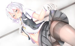 Rule 34 | 10s, 1girl, asymmetrical hair, black pantyhose, blush, buttons, clothes lift, crotch seam, dutch angle, flipped hair, from below, gloves, grey eyes, kantai collection, looking at viewer, looking down, natsume (azisaisuki1), navel, necktie, nowaki (kancolle), panties, panties under pantyhose, pantyhose, pleated skirt, school uniform, short sleeves, silver hair, skirt, skirt lift, solo, swept bangs, thighband pantyhose, unbuttoned, underwear, upskirt, vest, white gloves, white panties, yellow necktie