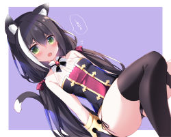 Rule 34 | 1girl, animal ear fluff, animal ears, bare shoulders, black hair, black panties, black thighhighs, blush, border, cat ears, cat girl, cat tail, clip studio paint (medium), commentary request, fang, flying sweatdrops, green eyes, hair between eyes, hair ribbon, highres, karyl (princess connect!), long hair, looking at viewer, low twintails, multicolored hair, nanamomo rio, no pants, open mouth, panties, pantyshot, photoshop (medium), princess connect!, purple background, ribbon, sidelocks, simple background, skin fang, solo, tail, thighhighs, translation request, twintails, two-tone hair, underwear, white hair