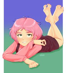 Rule 34 | 1girl, absurdres, aelita, barefoot, blue background, blush, code lyoko, crossed legs, dress, eyelashes, feet, feet up, full body, gradient background, green background, green eyes, hand up, head rest, highres, legs, long sleeves, looking at viewer, lying, medium hair, on stomach, parted lips, pink shirt, red dress, shadow, shirt, short dress, sidelocks, soles, solo, spread toes, staerk, swept bangs, the pose, toes, twitter username