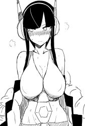 Rule 34 | 1girl, bare shoulders, blunt bangs, blush, breasts, cleavage, closed mouth, coat, collarbone, covered erect nipples, creatures (company), crop top, elesa (pokemon), embarrassed, fur coat, game freak, groin, gym leader, headphones, highres, large breasts, looking away, megao 3rd, monochrome, nintendo, open clothes, open coat, pokemon, pokemon bw2, short hair with long locks, shorts, sidelocks, simple background, sleeveless, solo, sweat, tank top, undressing, white background