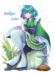 Rule 34 | 13 (spice!!), 1girl, ahoge, aqua eyes, aqua hair, blush, bubble, closed mouth, commentary request, drill hair, eyebrows hidden by hair, finger to mouth, fingernails, fins, fish, fish tail, frilled kimono, frills, full body, green kimono, head fins, highres, japanese clothes, kimono, leaf, long sleeves, looking at viewer, nail polish, obi, partial commentary, purple nails, rock, sash, seaweed, short hair, simple background, sitting, smile, solo, tail, touhou, wakasagihime, white background, wide sleeves