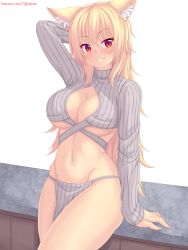 Rule 34 | 1girl, animal ear fluff, animal ears, arm up, blonde hair, blush, breasts, cat ears, cleavage, crop top, cropped sweater, highres, large breasts, looking at viewer, navel, nottytiffy, original, pelvic curtain, red eyes, ribbed sweater, slit pupils, smile, solo, sweater, tiffy (nottytiffy)