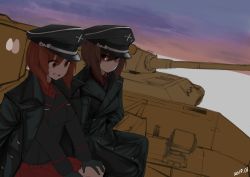 Rule 34 | 10s, 2girls, bad id, bad pixiv id, black jacket, breasts, brown eyes, brown hair, collared shirt, dated, day, girls und panzer, hair between eyes, hands in pockets, highres, j.k., jacket, jacket on shoulders, large breasts, long sleeves, looking at viewer, military, military uniform, military vehicle, motor vehicle, multiple girls, nervous smile, nishizumi maho, nishizumi miho, outdoors, pleated skirt, red shirt, red skirt, ringed eyes, shirt, short hair, sitting, skirt, smile, sweatdrop, tank, unfinished, uniform