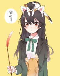 Rule 34 | 1girl, animal, animal ears, animal on head, black hair, blazer, calico, cat, cat day, cat ears, cat on head, cat teaser, dress shirt, fake animal ears, fly 333, hairband, jacket, long hair, on head, open clothes, open jacket, original, red eyes, school uniform, shirt, simple background, solo, yellow background