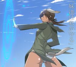 Rule 34 | 1girl, animal ears, ass, bad id, bad pixiv id, breasts, brown eyes, brown hair, cloud, gertrud barkhorn, hair ribbon, long hair, long sleeves, magic circle, military, military uniform, nacl, panties, ribbon, shokuen shiwe, sky, solo, strike witches, tail, translated, twintails, underwear, uniform, world witches series