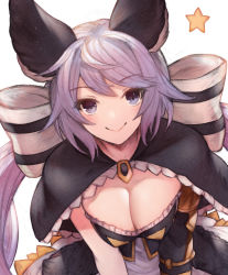 Rule 34 | 1girl, :d, animal ears, bad id, bad pixiv id, black capelet, blush, bow, breasts, capelet, cleavage, closed mouth, granblue fantasy, hair ribbon, highres, koretsuki azuma, large breasts, long hair, looking at viewer, low twintails, open mouth, purple eyes, purple hair, ribbon, satyr (granblue fantasy), simple background, smile, solo, star (symbol), twintails, upper body, very long hair, white background, white bow, white ribbon