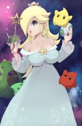 Rule 34 | 1girl, black eyes, blonde hair, blue eyes, breasts, cleavage, collarbone, crown, dress, earrings, egg, fingernails, floating, hair over one eye, highres, holding, holding wand, jewelry, large breasts, long hair, luma (mario), magister, mario (series), nintendo, off-shoulder dress, off shoulder, parted lips, pink lips, planet, rosalina, smile, space, sparkle, star (sky), star (symbol), star earrings, super mario galaxy, twitter username, wand, watermark