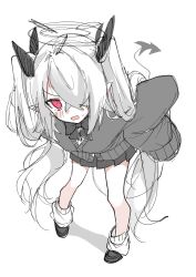 Rule 34 | 1girl, blue archive, grey hair, hair over one eye, highres, horns, iori (blue archive), leaning forward, red eyes, sentouryoku 5, sketch, sleeves past wrists, solo, standing, tail, white background