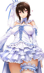 Rule 34 | 10s, 1girl, alternate costume, bad id, bad pixiv id, bare shoulders, blue ribbon, blush, breasts, bridal garter, bridal veil, brown eyes, brown hair, colored skin, comic, covered erect nipples, cowboy shot, cross-laced clothes, detached collar, detached sleeves, dress, feathers, flower, frills, from below, girls und panzer, hair between eyes, hair flower, hair ornament, hairband, half-closed eyes, heart, ikuchan kaoru, large breasts, layered dress, lips, long sleeves, looking at viewer, looking down, multicolored skin, naughty face, nishizumi maho, parted lips, revision, ribbon, rose, short hair, simple background, solo, sparkle, standing, thighs, veil, waist cape, wedding dress, white background, white dress, white flower, white hairband, white rose