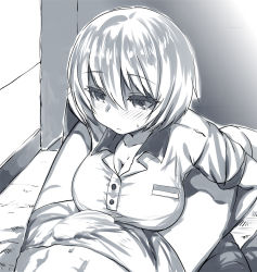Rule 34 | 1boy, 1girl, bad id, bad pixiv id, belko, between legs, blush, breasts, buttons, erection, erection under clothes, eyelashes, greyscale, large breasts, looking down, monochrome, original, polo shirt, shinjin-chan (belko), short hair, shorts, solo focus, sweatdrop