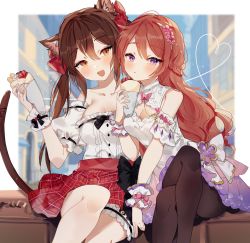 Rule 34 | 2girls, :d, :o, black bow, black legwear, blush, bow, breasts, brown eyes, brown hair, cleavage, cleavage cutout, clothing cutout, commentary, commission, crepe, dress, effiez (vtuber), english commentary, fang, food, heart, highres, holding, holding food, indie virtual youtuber, medium breasts, multiple girls, nina saotome, open mouth, pantyhose, pink bow, purple eyes, red skirt, second-party source, skeb commission, skirt, smile, sorani (kaeru0768), thigh strap, twintails, virtual youtuber, white dress