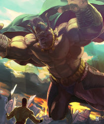 Rule 34 | 2boys, apocalypse, armor, arms up, beard, belt buckle, blue sky, boots, brown hair, buckle, cape, chain, cityscape, cloud, cloudy sky, commentary request, facial hair, fake horns, fighting, fighting stance, flying, from behind, fur trim, giant, giant male, gold belt, gold necklace, green cape, helmet, hokuto no ken, horned helmet, horns, itadori shuu, jewelry, jumping, kenshiro, light, light rays, multiple boys, muscular, muscular male, necklace, open mouth, outstretched arms, pants, ruins, shaded face, shadow, short hair, shouting, signature, sky, torso, toy block, uighur (hokuto no ken), veins, wrist guards
