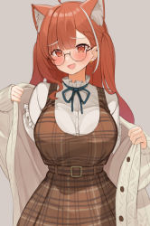 Rule 34 | 1girl, absurdres, animal ears, belt, belt buckle, blush, breasts, buckle, cardigan, choco tanuki, dress, dress shirt, ear piercing, earrings, fang, frilled shirt collar, frilled sleeves, frills, glasses, grey background, highres, jewelry, large breasts, long hair, long sleeves, looking at viewer, multicolored hair, neck ribbon, nijisanji, open cardigan, open clothes, open mouth, piercing, plaid, plaid belt, plaid dress, ratna petit, red eyes, red hair, ribbon, round eyewear, shirt, simple background, skin fang, smile, solo, streaked hair, virtual youtuber, white hair